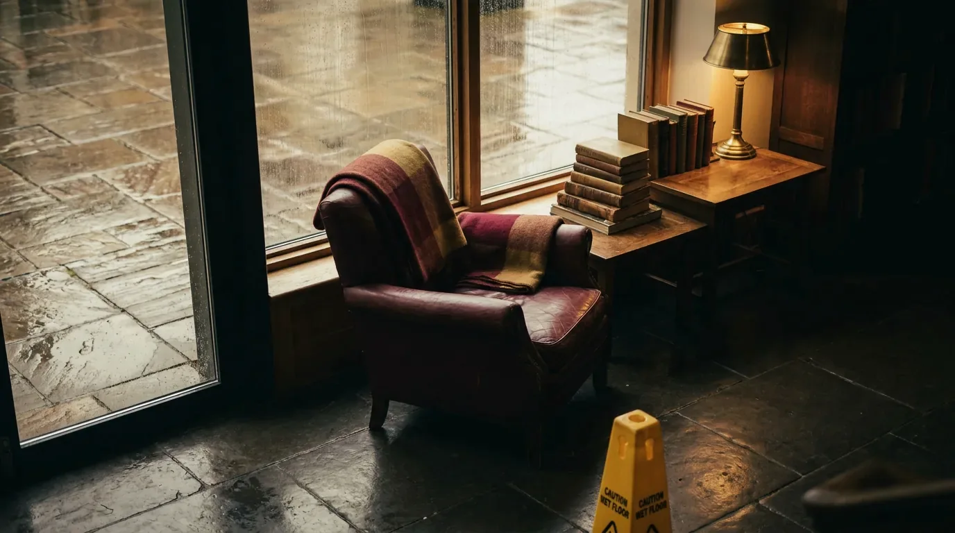 A quiet reading room with rain on tall windows