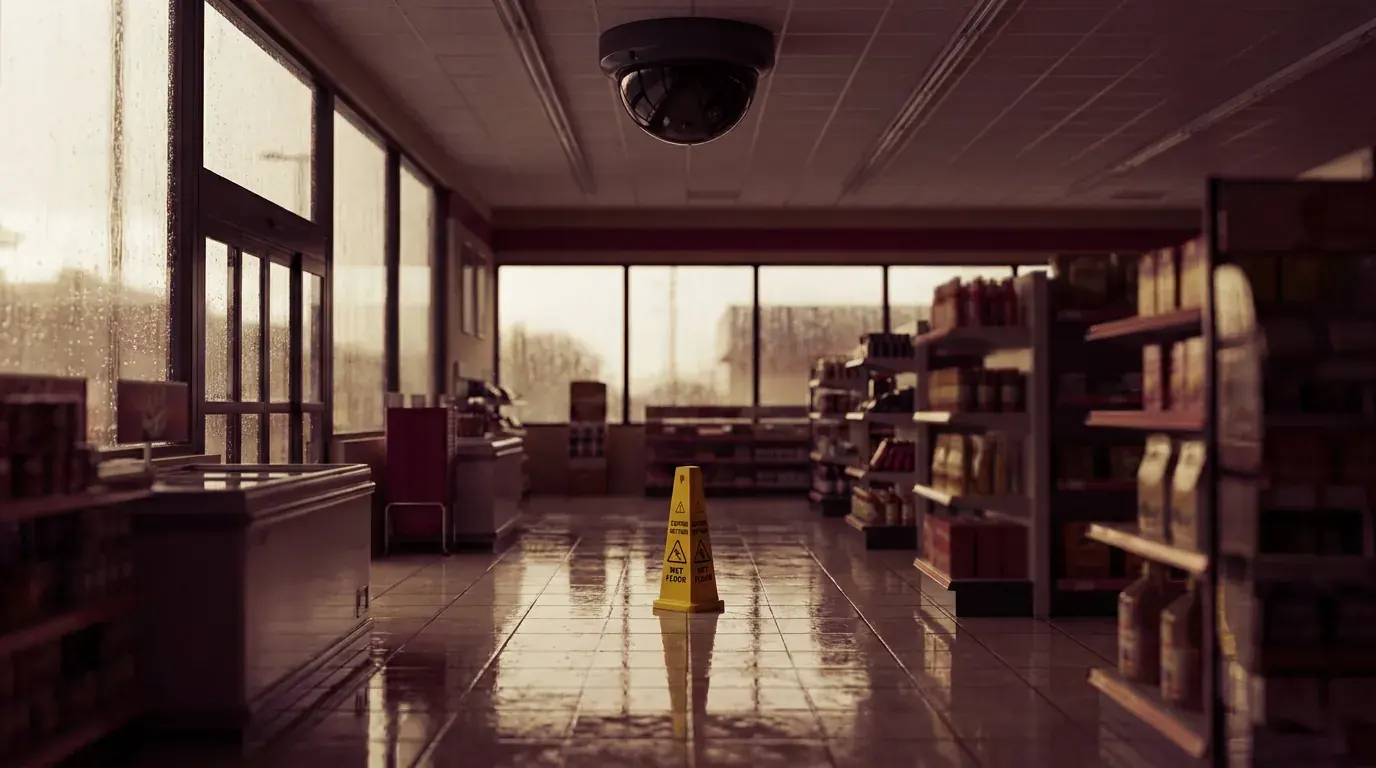 A ceiling security camera above a wet store aisle