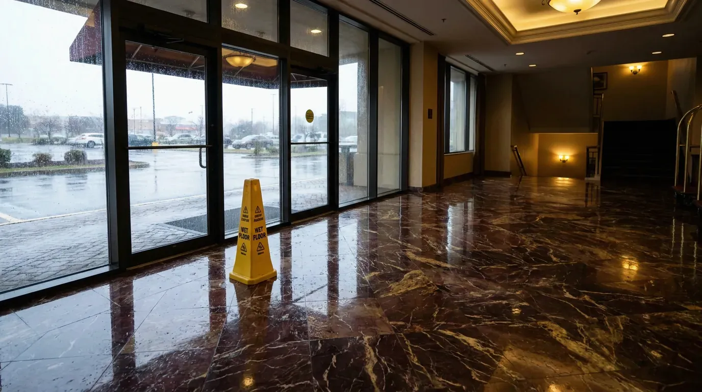 A wet marble hotel lobby floor near the entrance doors