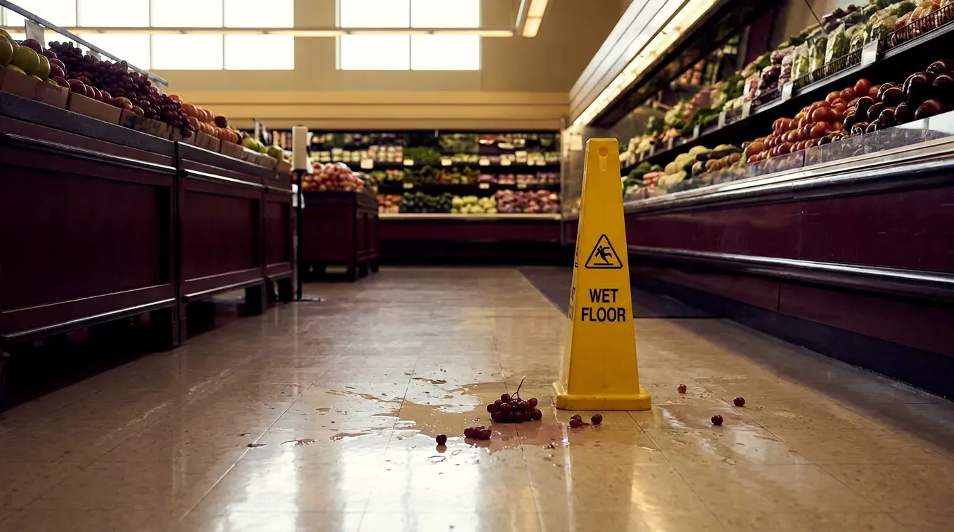 Water and crushed grapes on a grocery store floor