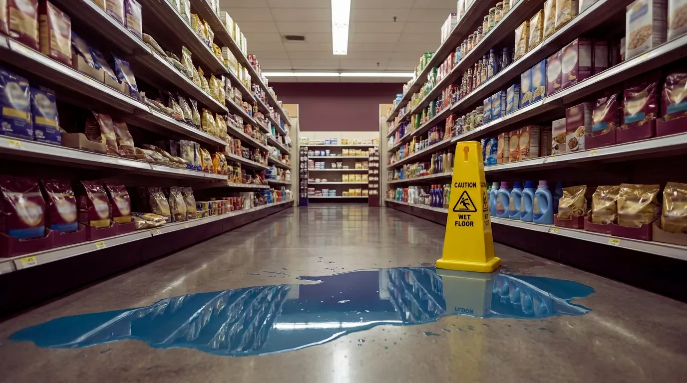 Spilled blue detergent in a big store aisle next to a wet floor cone