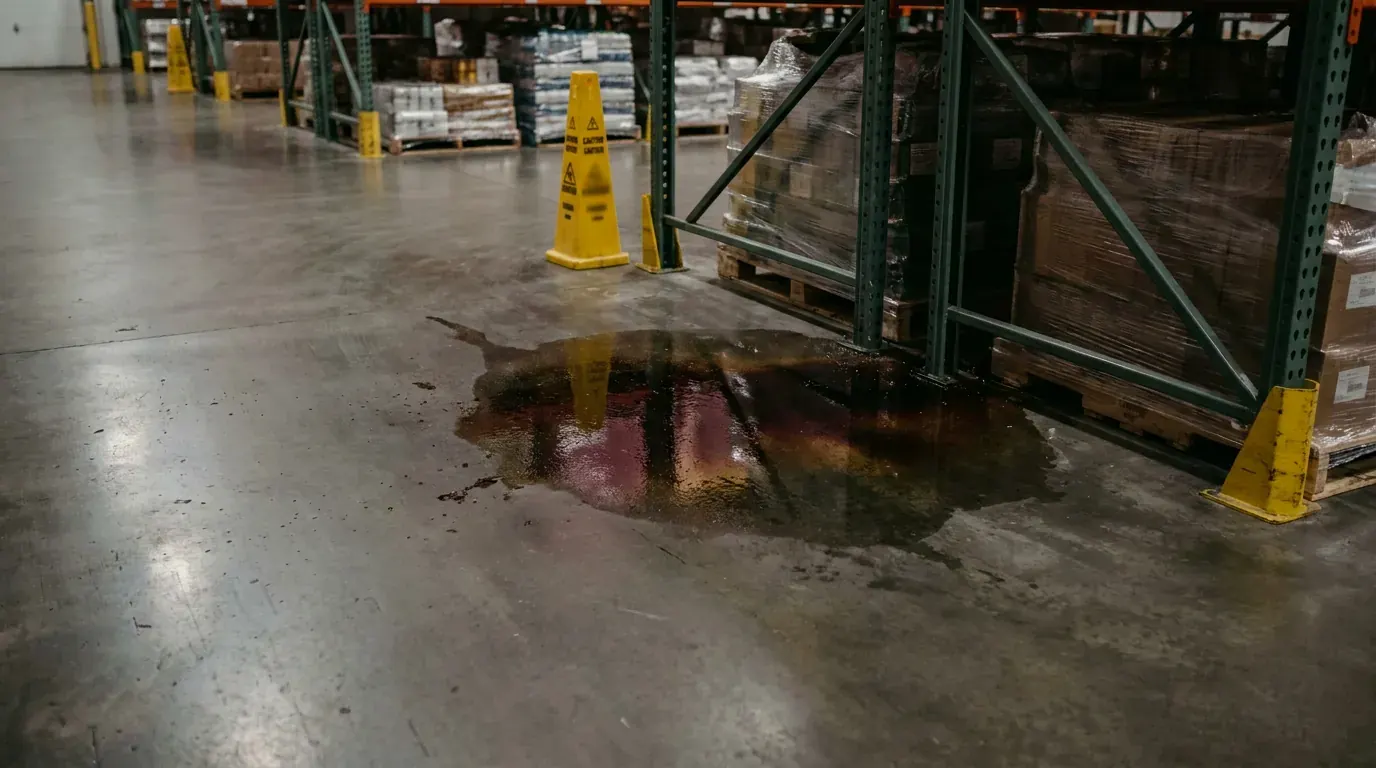 An oily patch on a warehouse floor near pallet racks