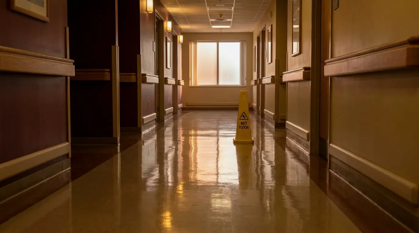 A freshly mopped hospital corridor with a wet floor cone
