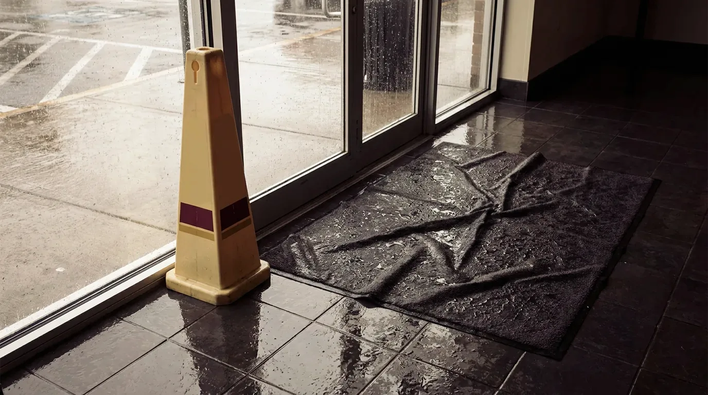 A wet store entrance with a bunched-up rain mat