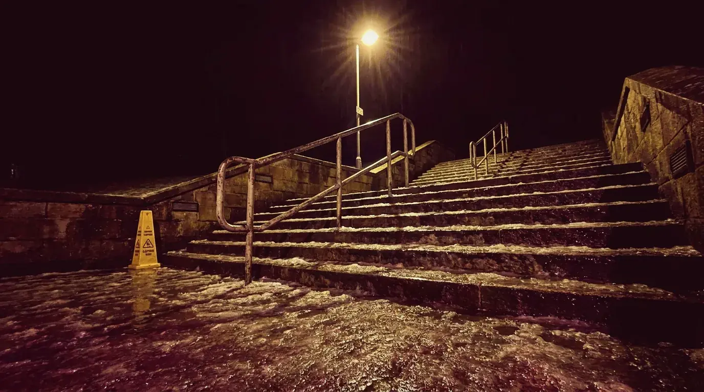 Icy stone stairs with a handrail under a street lamp