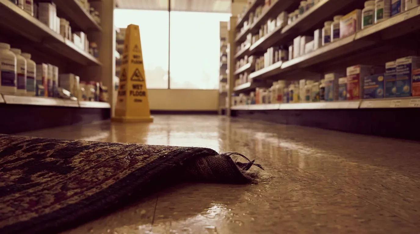 A curled rug edge on a pharmacy floor