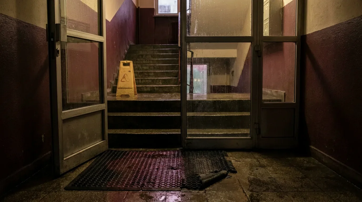 A torn entrance mat and wet steps in an apartment stairwell