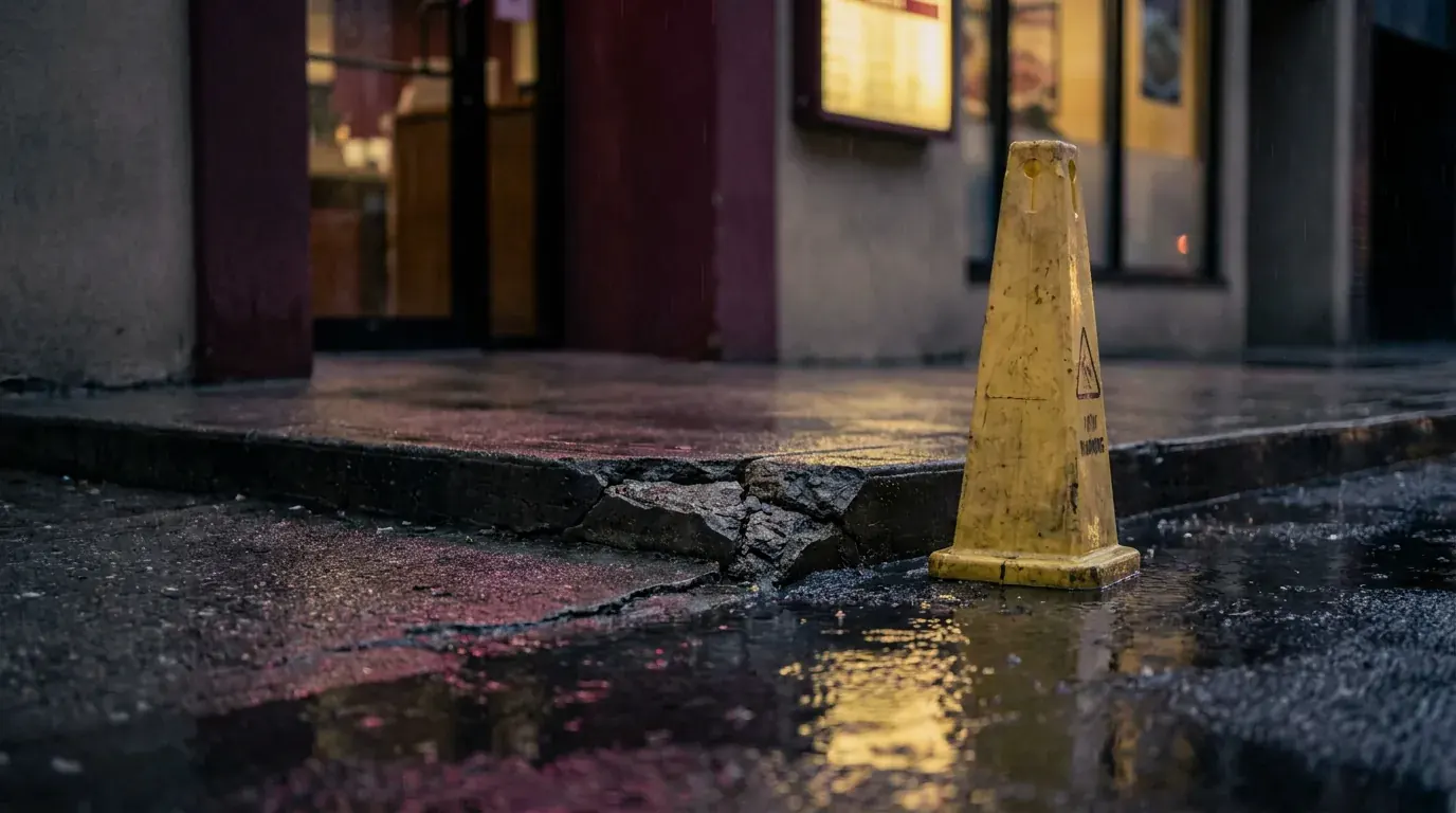 A broken concrete step outside a restaurant in the rain