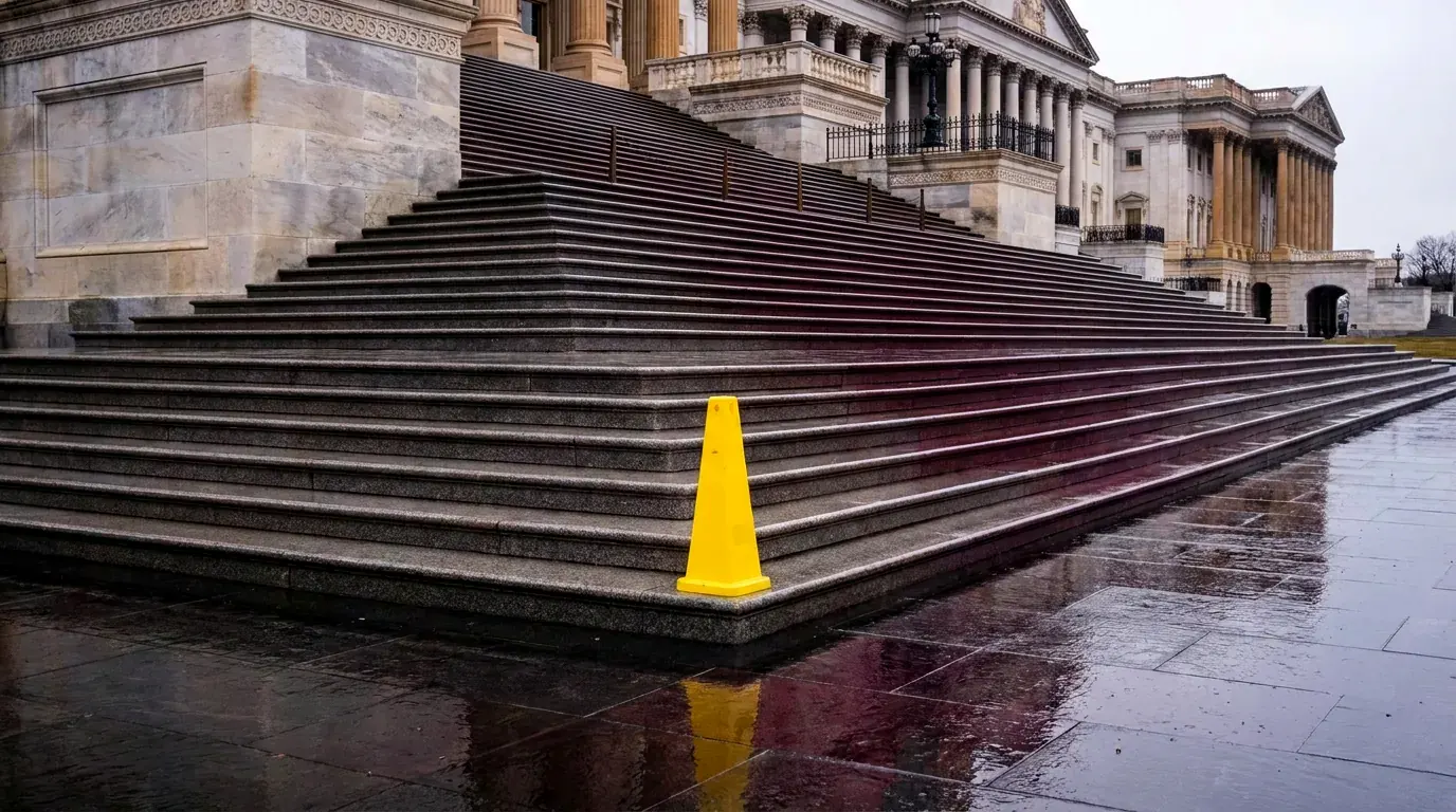 Rain on the stone steps of a government building, a caution cone at the bottom