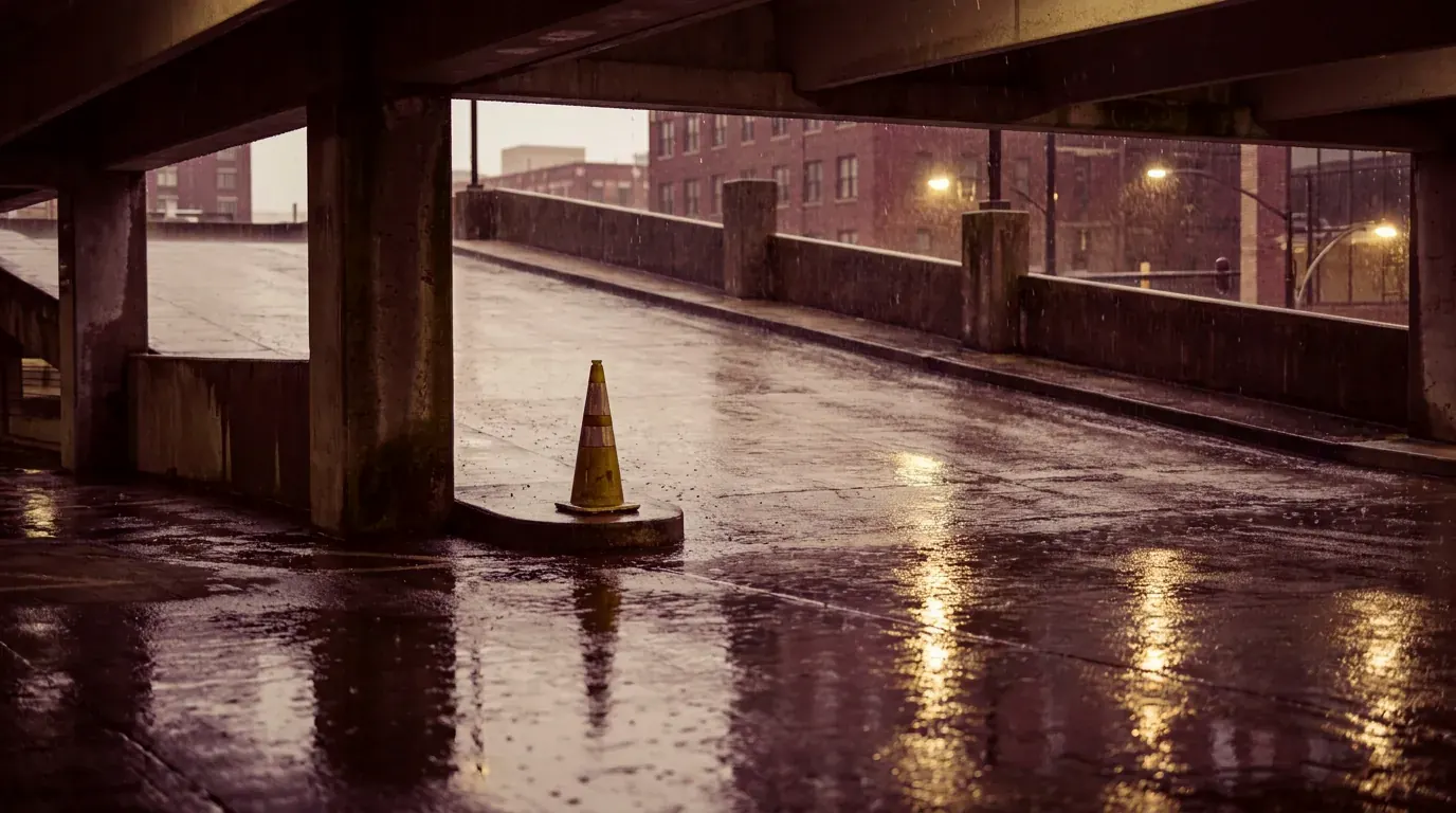 A wet parking deck ramp in Atlanta