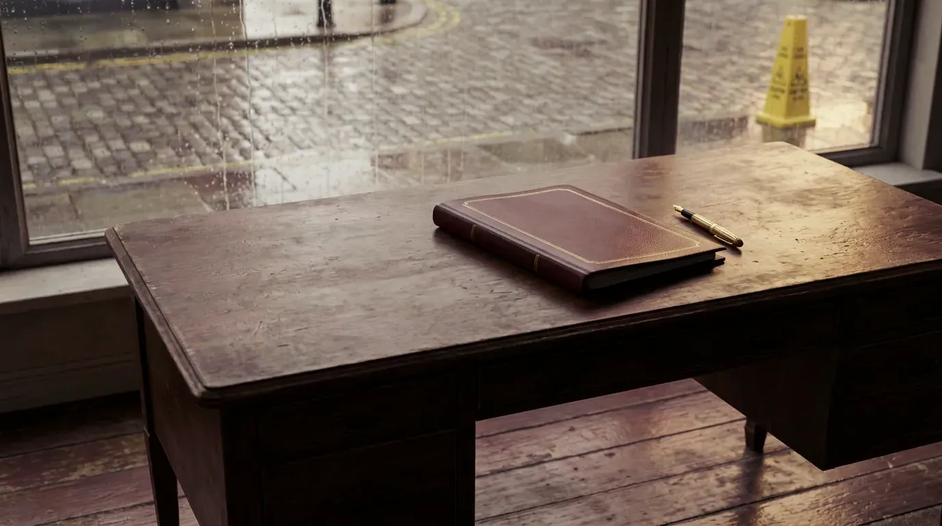 A closed folder and a pen on a desk by a rainy window