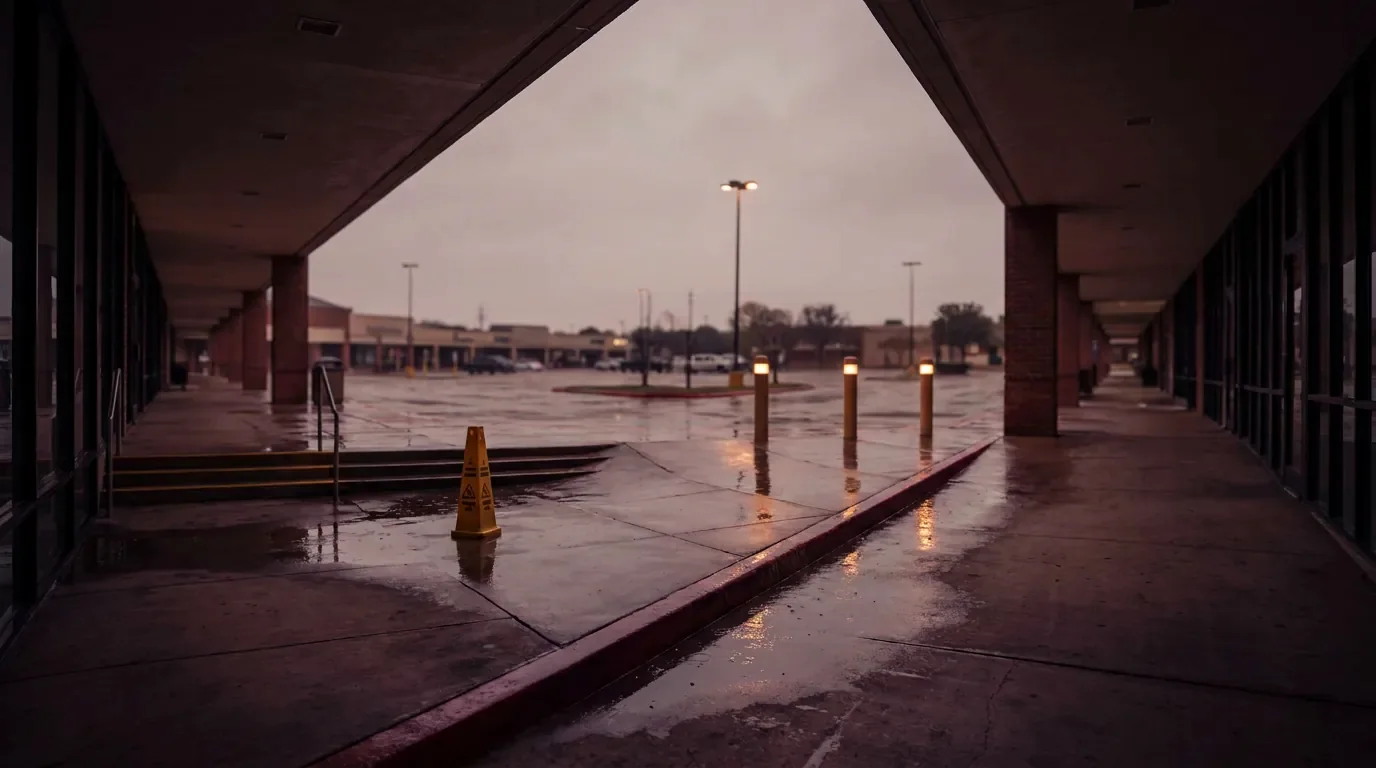 A wet strip mall walkway in Dallas