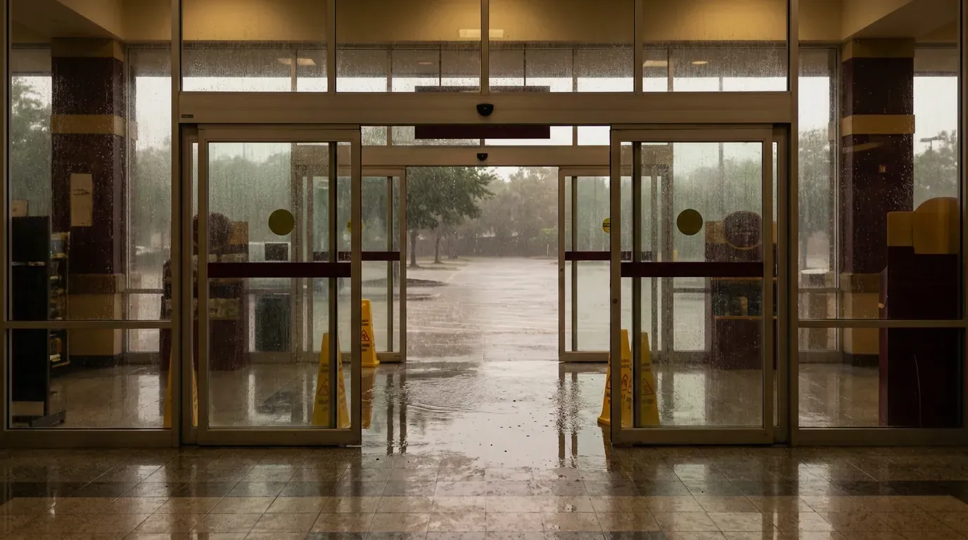 Rainwater pooling inside a Houston store entrance