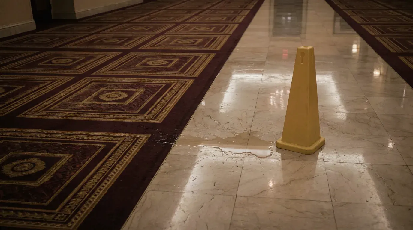 A spill where casino carpet meets a marble walkway