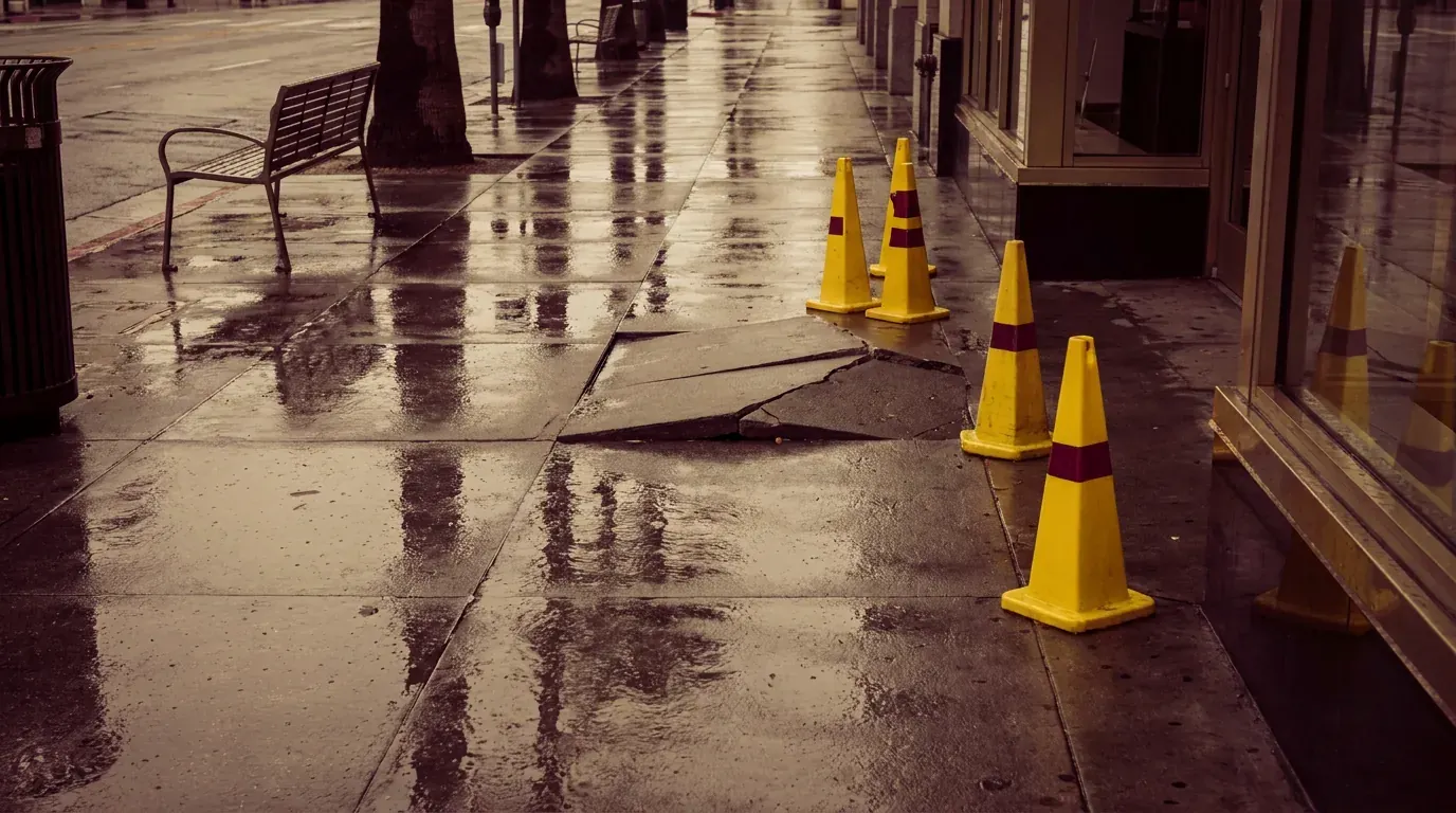 A Los Angeles sidewalk after rain with a lifted edge