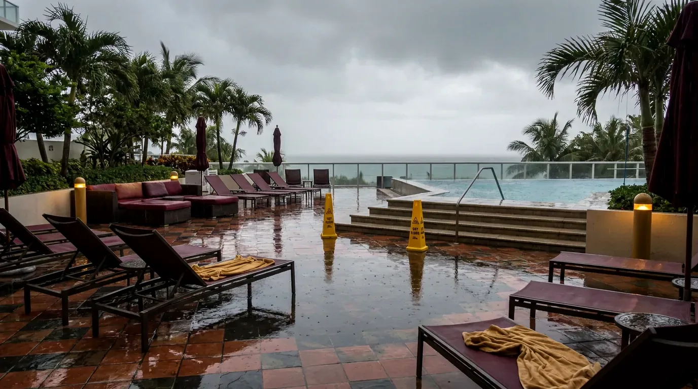 A wet hotel pool deck in Miami