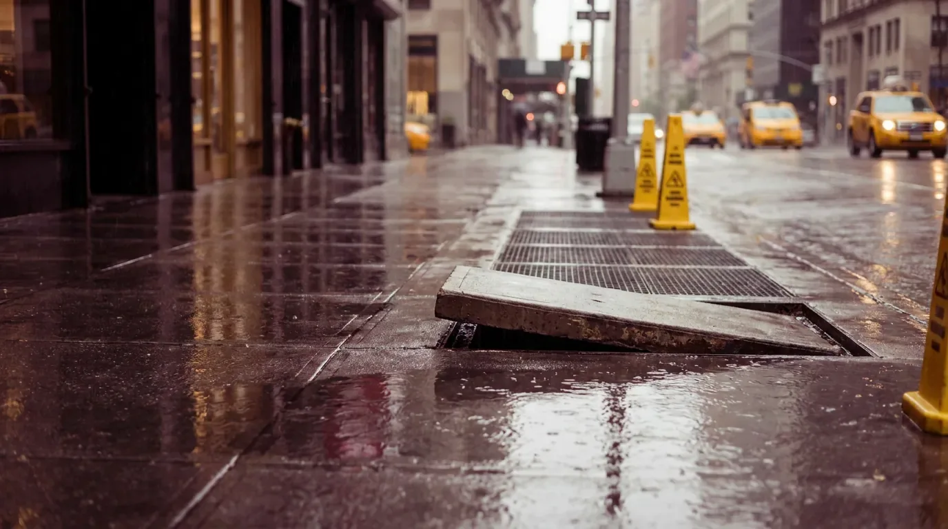 A raised sidewalk slab beside a grate in New York City rain
