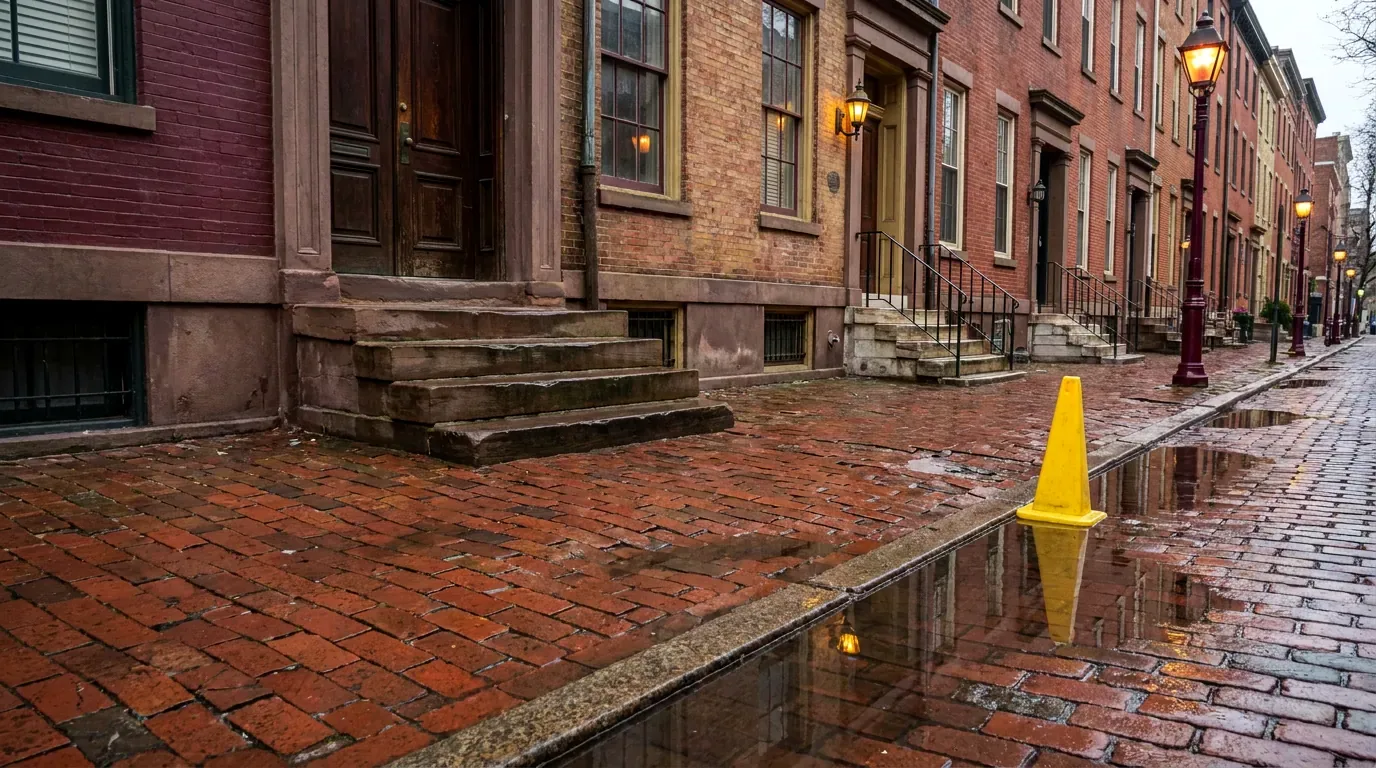 An uneven brick sidewalk outside Philadelphia rowhouses