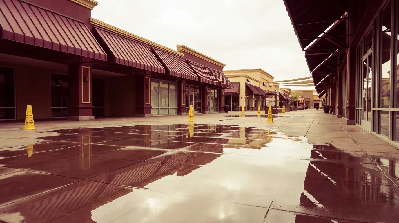 A sprinkler puddle on a Phoenix shopping center walkway