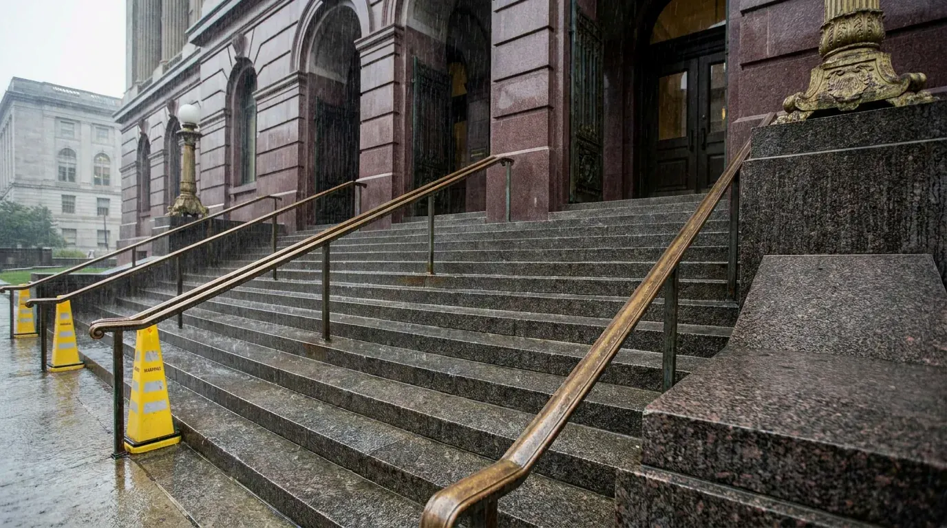 Rain on the granite steps of a state government building