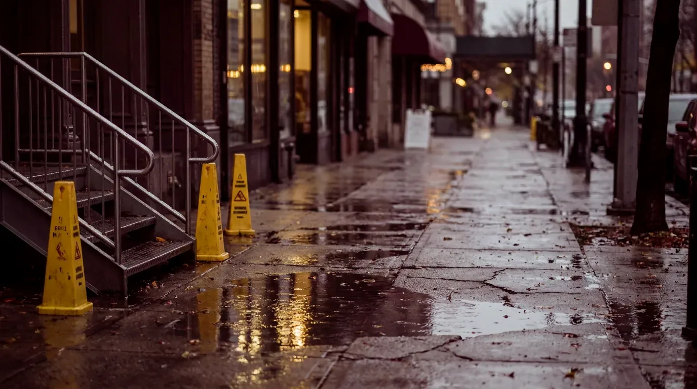 An uneven city sidewalk in the rain