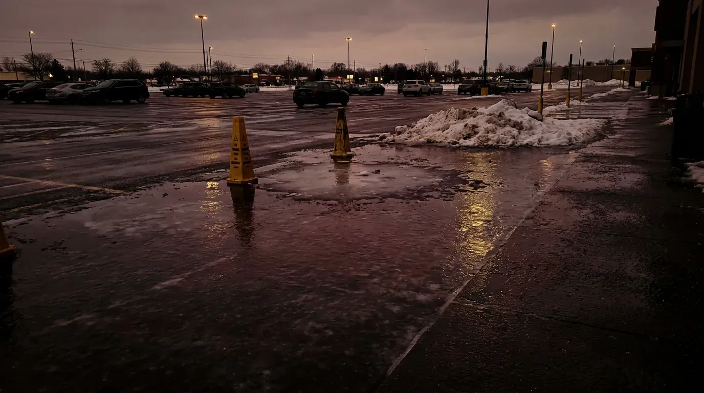 Refrozen meltwater across a parking lot walkway at dusk