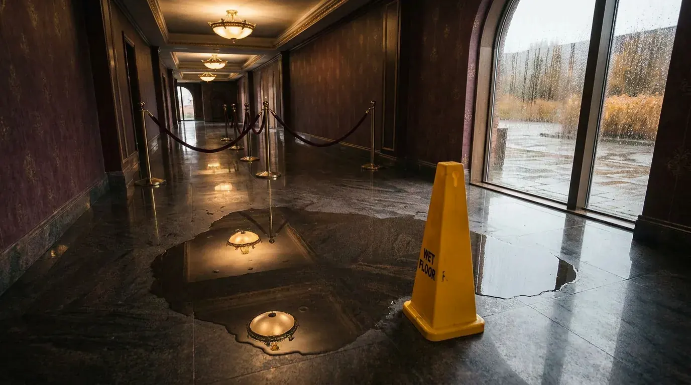 A polished hallway with a puddle and a wet floor cone