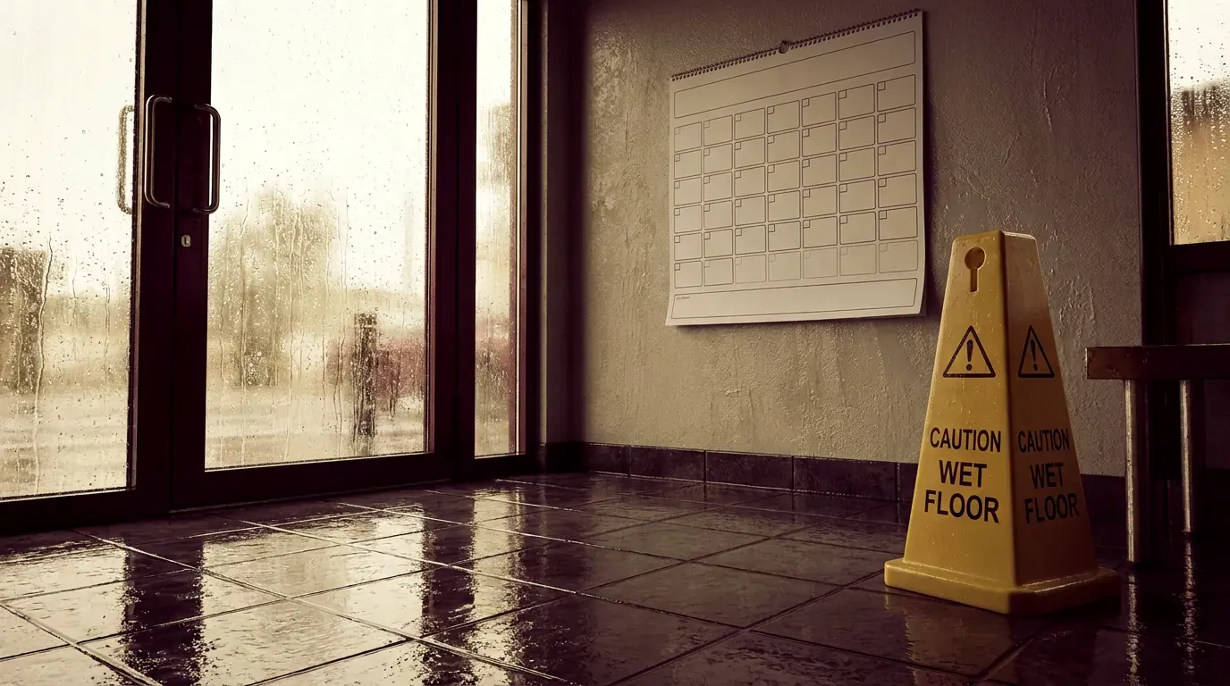 A wall calendar above a wet tiled entryway