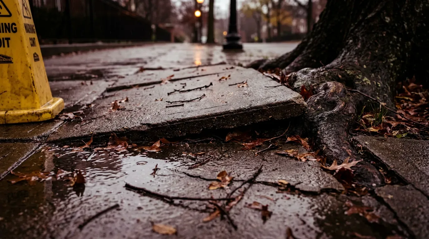 A sidewalk slab lifted by a tree root