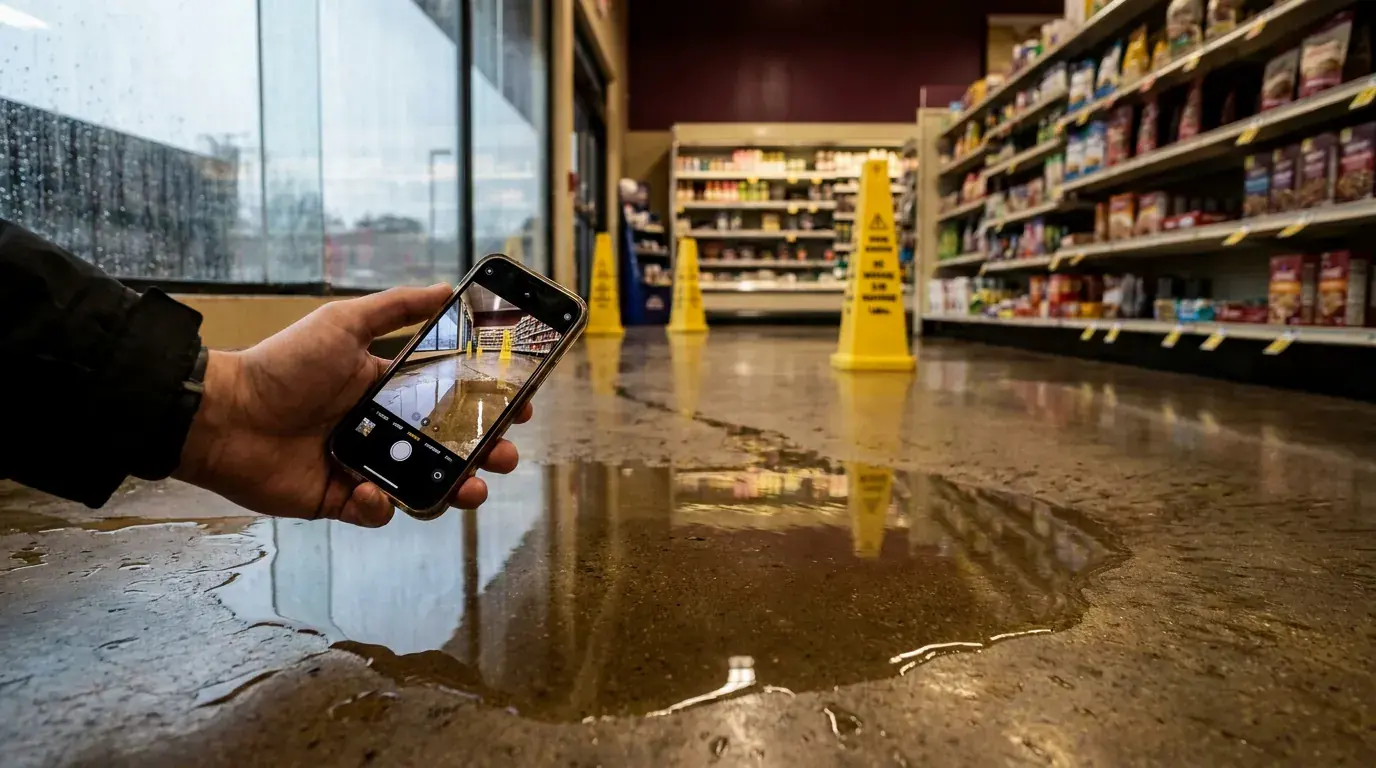 A hand taking a phone photo of a spill on a store floor